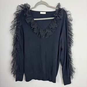 RONNY KOBO | Black V-Neck Sweater Dot Tulle Ruffle Trim Women’s Size Medium